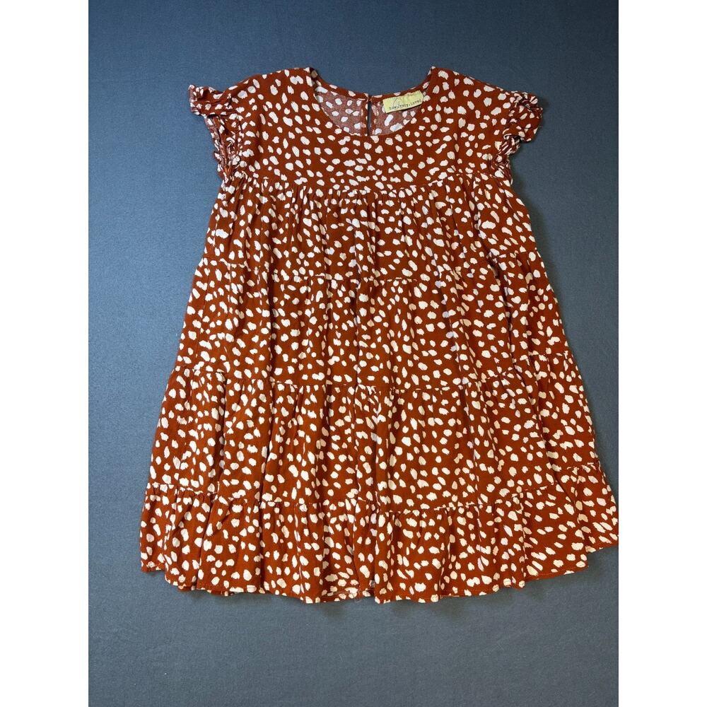 How Very Loved Rust Cream Dot Tiered Mini Dress Size Small Short Sleeve Spring